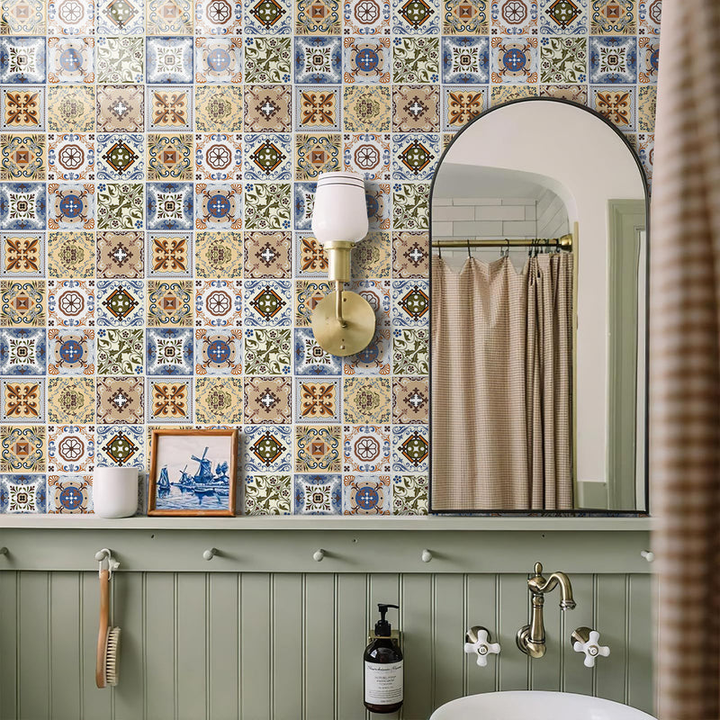 Coffee and Blue Square Spanish Peel and Stick Backsplash Tile