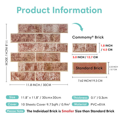 3D Whitewash Red Brick Peel and Stick Wall Tile