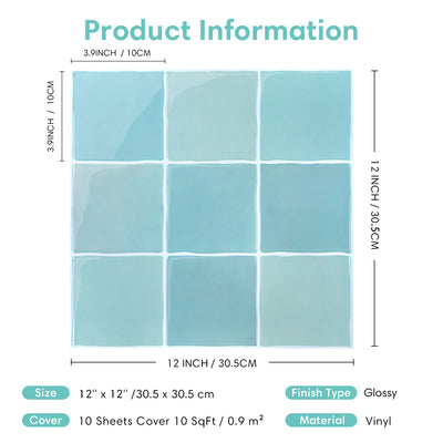 Blue Green Ceramic Square Peel and Stick Backsplash Tile - Thicker Design