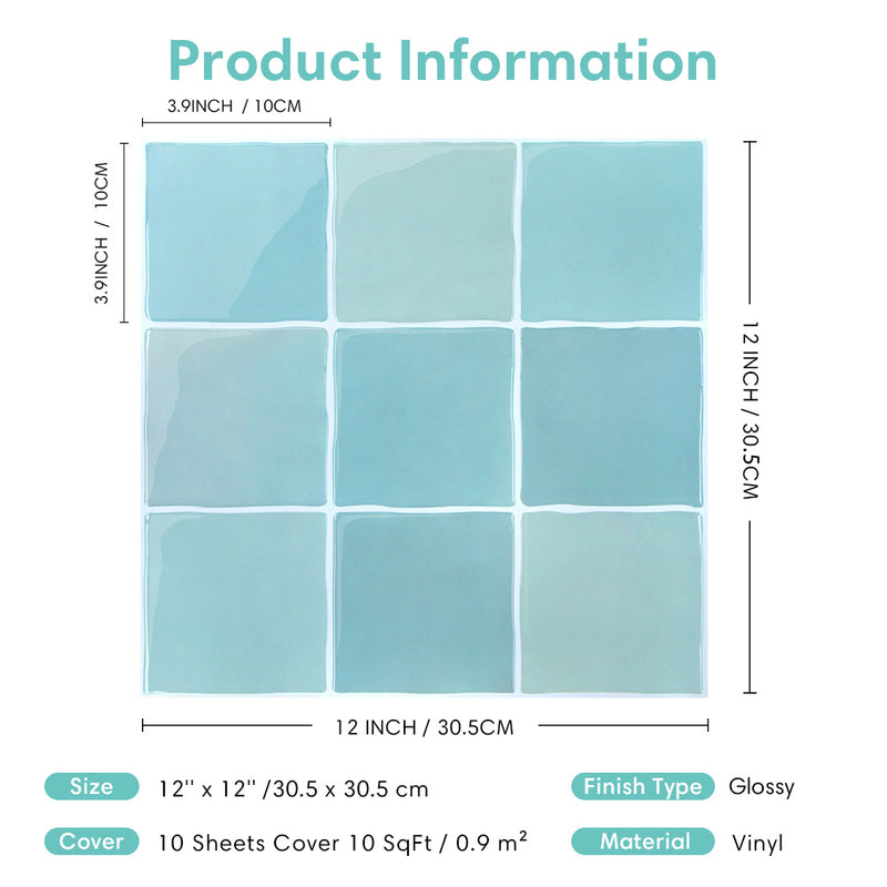 Blue Green Ceramic Square Peel and Stick Backsplash Tile - Thicker Design