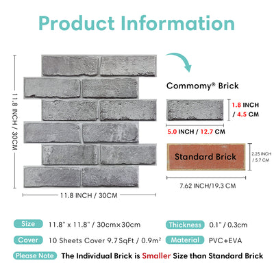 3D Natural Grey Faux Brick Peel and Stick Wall Tile