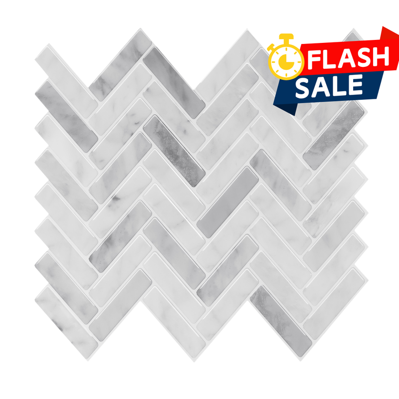 White Marble Herringbone Backsplash Peel and Stick Tile - Thicker Design