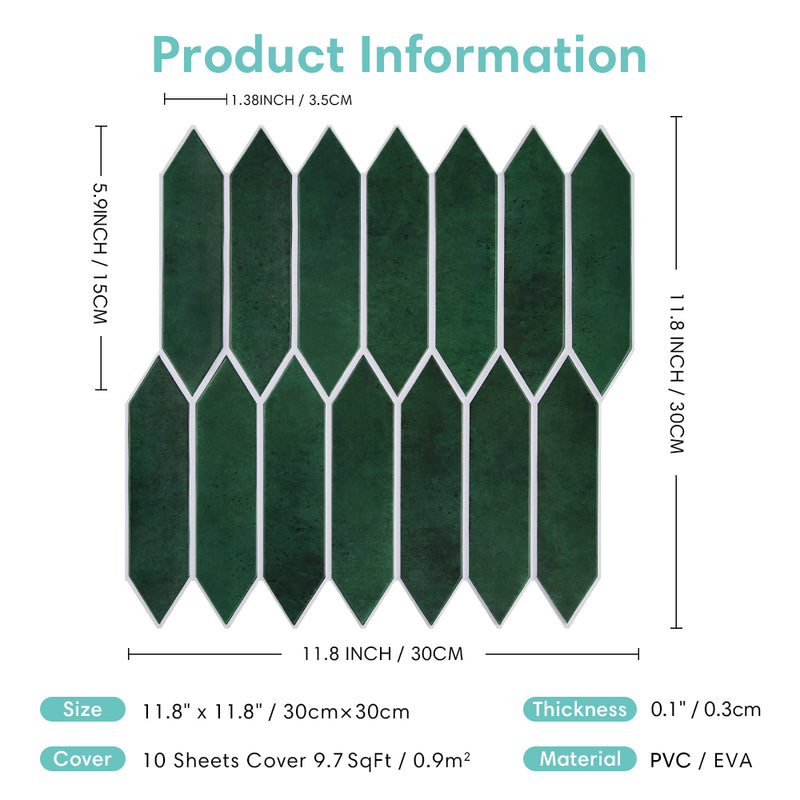 3D Forest Green  Elongated Hexagon Peel and Stick Wall Tile