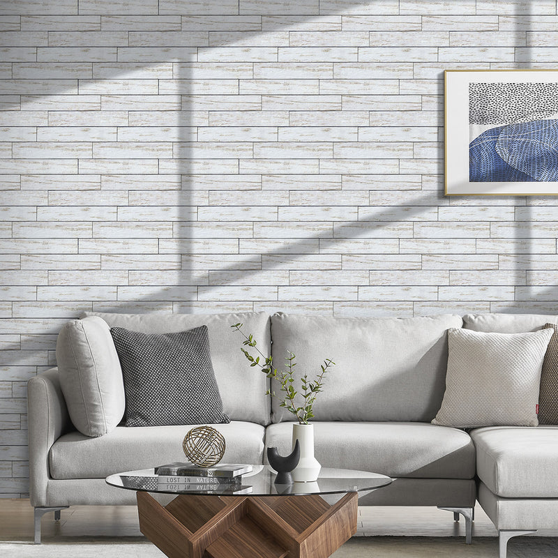 3D-Wandfliese aus weißem Shiplap-Holz zum Abziehen und Aufkleben