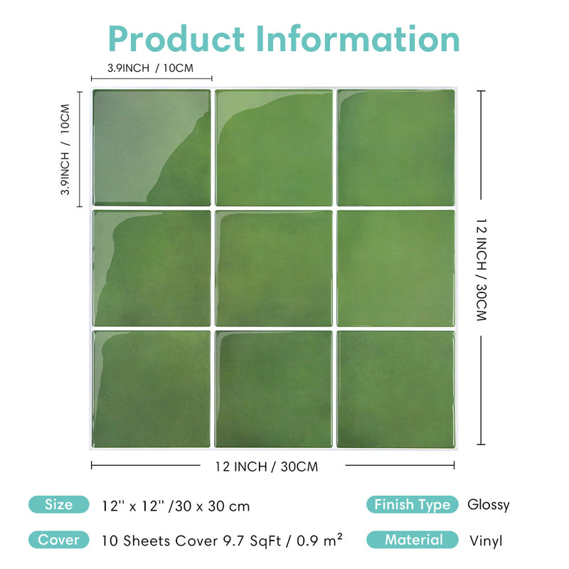 Green Ceramic Square Peel and Stick Backsplash Tile - Thicker Design