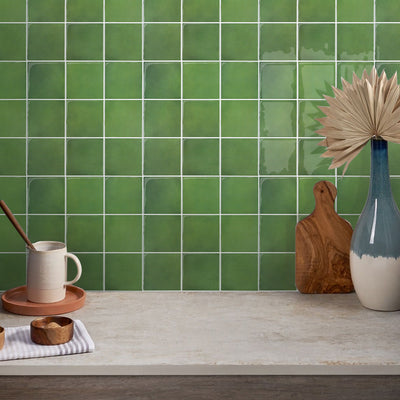 Green Ceramic Square Peel and Stick Backsplash Tile - Thicker Design