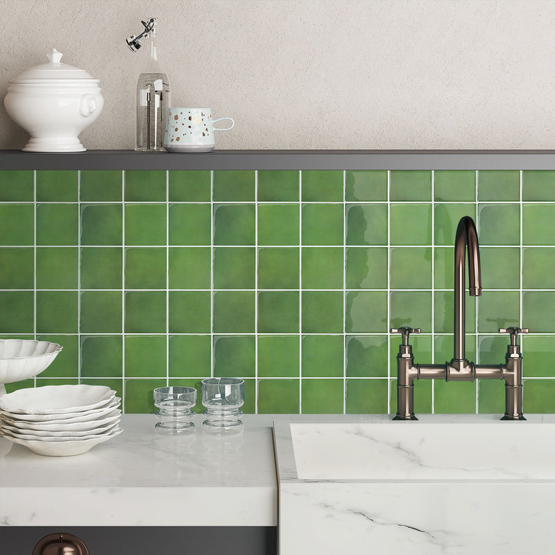 Green Ceramic Square Peel and Stick Backsplash Tile - Thicker Design