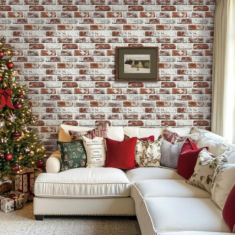 3D Vintage Red Whitewash Brick Peel and Stick Wall Tile