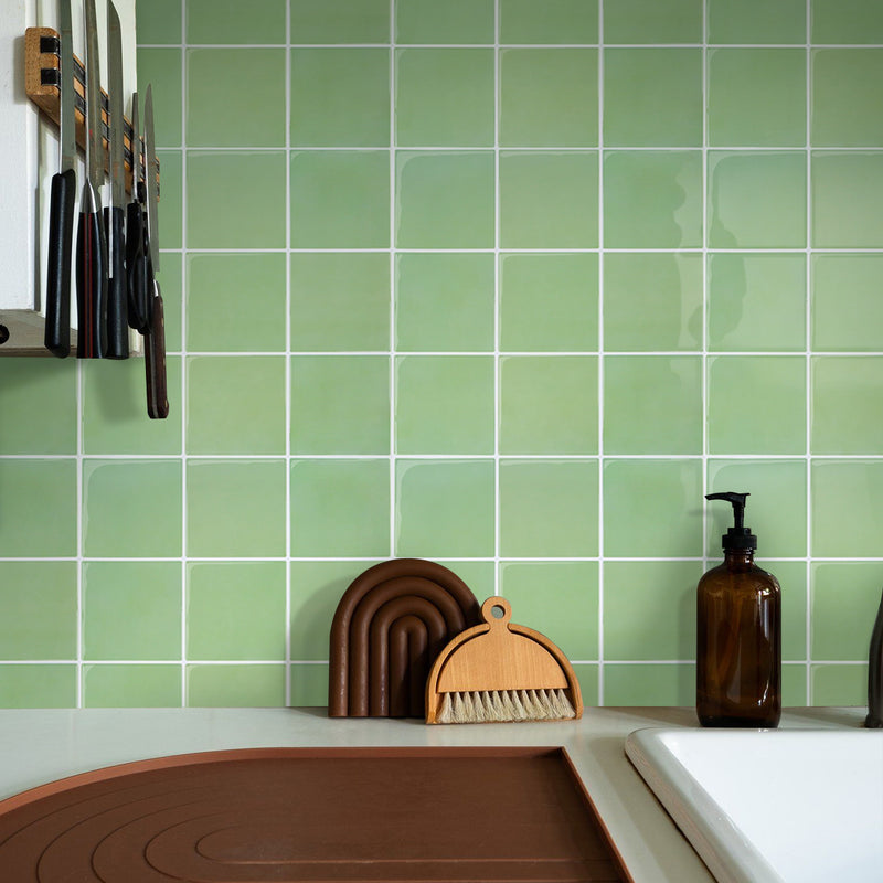 Sage Green Ceramic Square Peel and Stick Backsplash Tile - Thicker Design