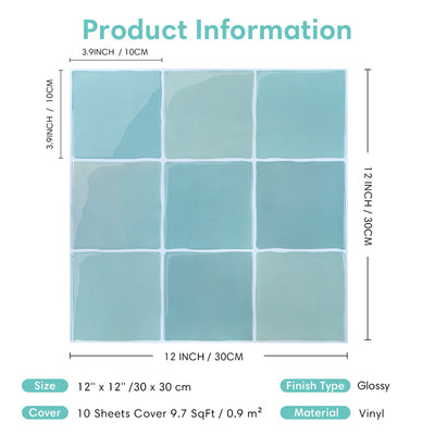 Blue Green Ceramic Square Peel and Stick Backsplash Tile - Thicker Design