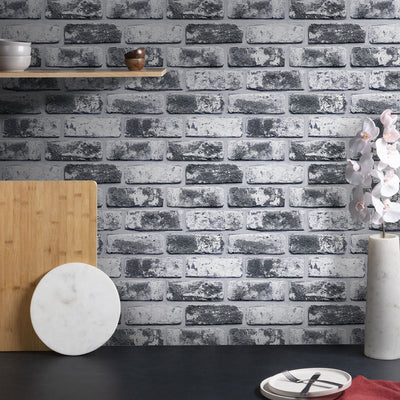 3D Dark Gray Whitewash Brick Peel and Stick Wall Tile