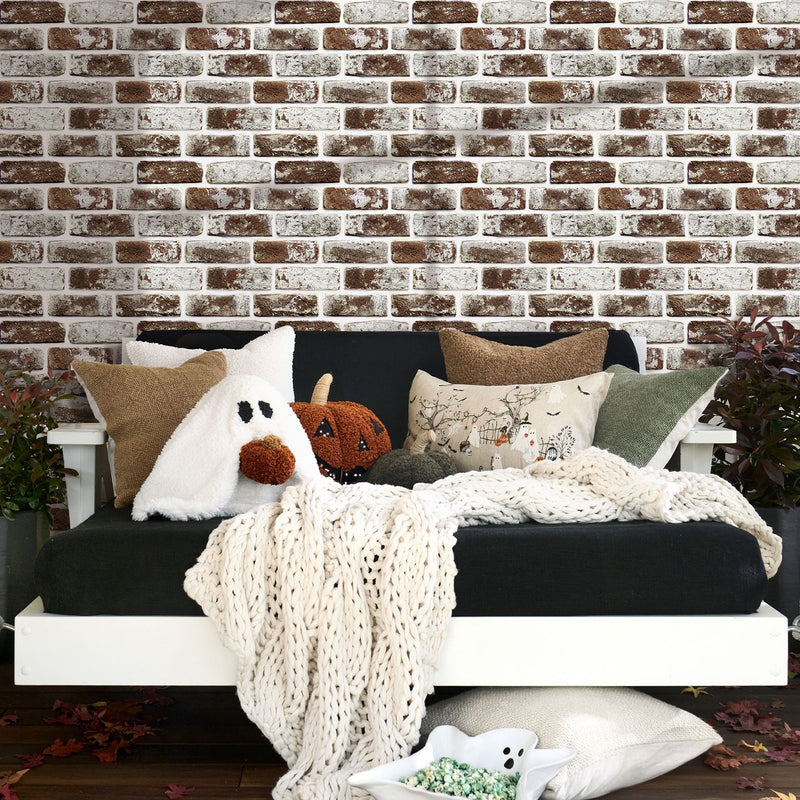 Azulejo de pared despegable y adherible de ladrillo blanqueado en color marrón café 3D