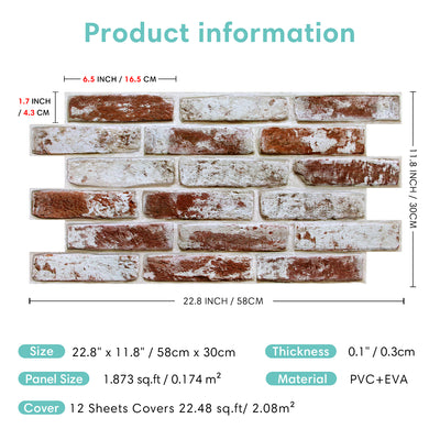 3D Red Whitewash Brick Wall Panels Peel and Stick -Large Size