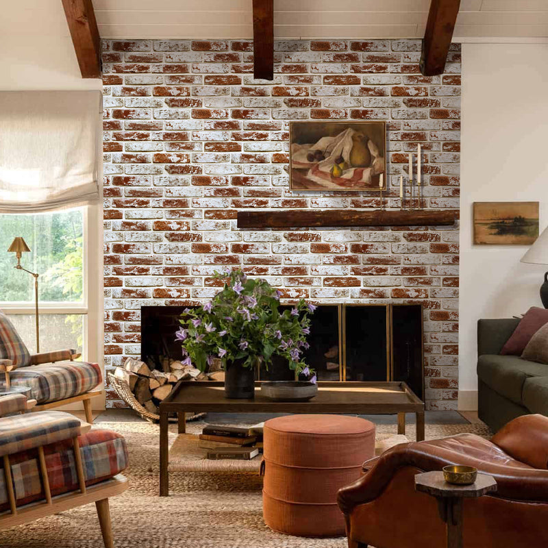 3D Red Whitewash Brick Wall Panels Peel and Stick -Large Size
