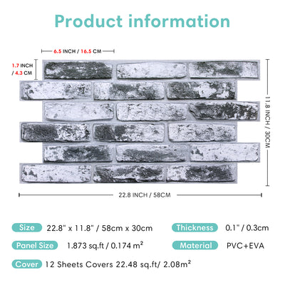 3D Gray Whitewash Brick Wall Panels Peel and Stick -Large Size