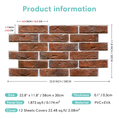 3D Red Brick Wall Panels Peel and Stick -Large Size