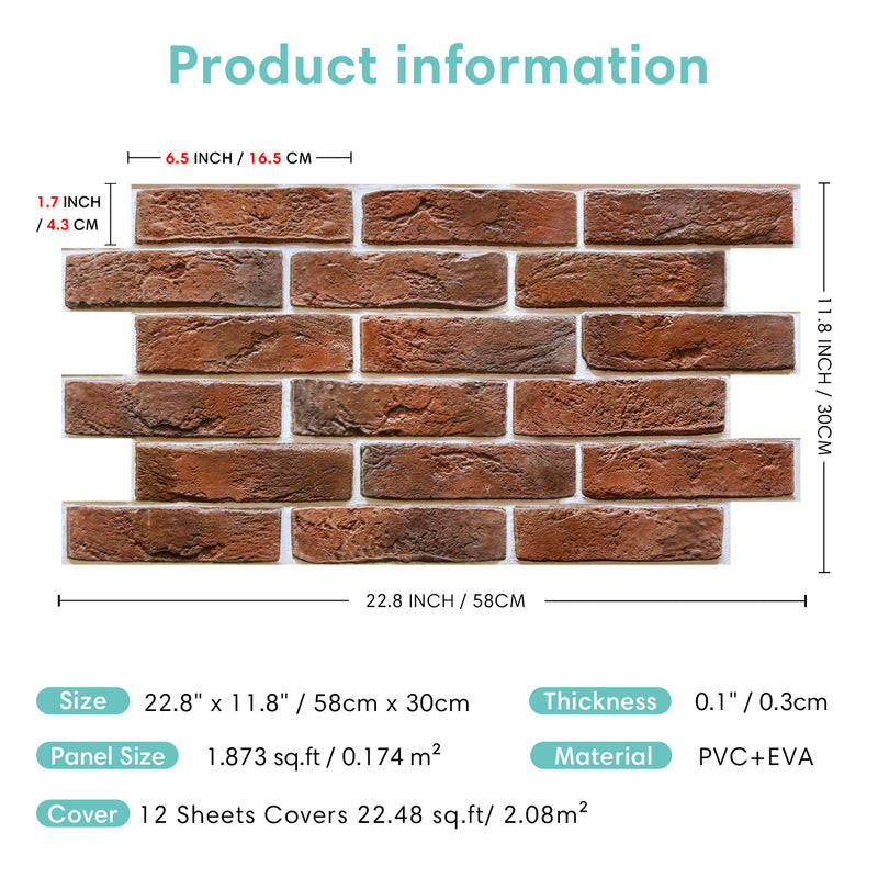 3D Red Brick Wall Panels Peel and Stick -Large Size