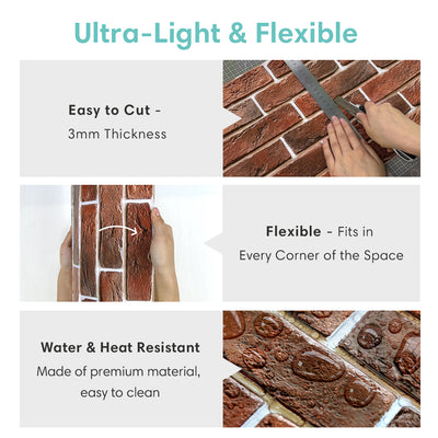3D Red Brick Wall Panels Peel and Stick -Large Size