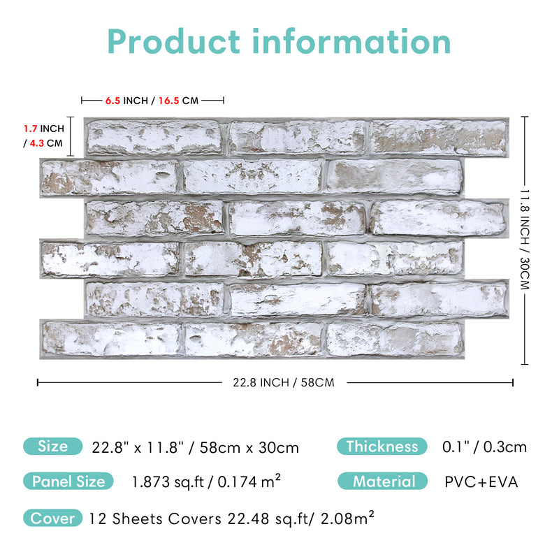3D Rustic Whitewash Brick Wall Panels Peel and Stick -Large Size