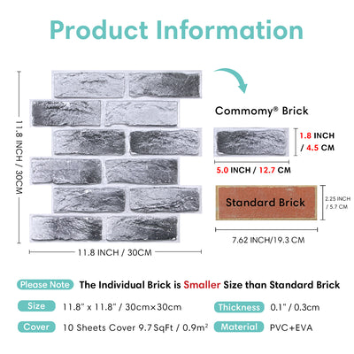 3D Light Gray Brick Peel and Stick Wall Tile