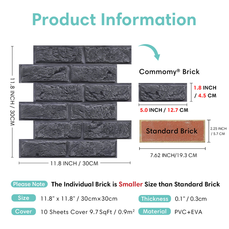3D Black Brick Peel and Stick Wall Tile