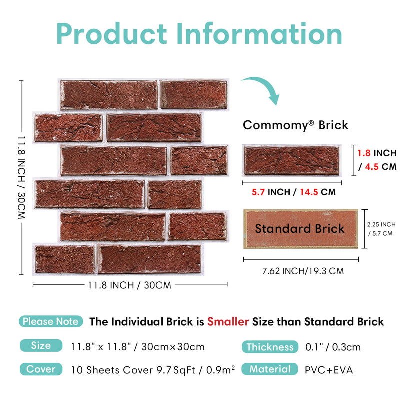 3D Vintage Red Brick Peel and Stick Wall Tile