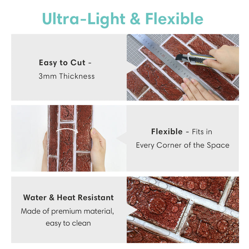 3D Vintage Red Brick Peel and Stick Wall Tile