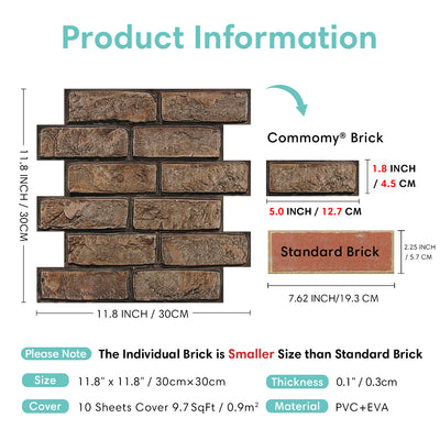 3D Brown Brick Peel and Stick Wall Tile
