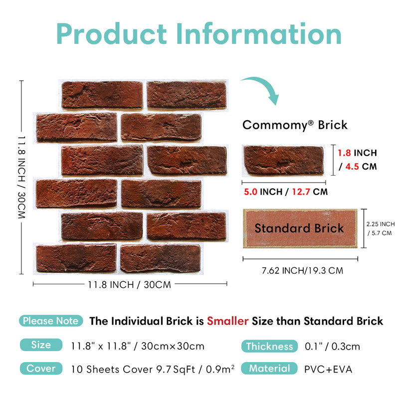 3D Rustic Deep Red Brick Peel and Stick Wall Tile