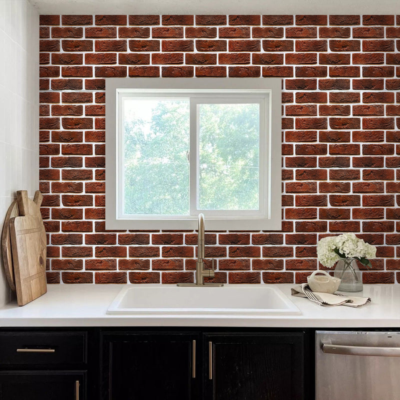 3D Rustic Deep Red Brick Peel and Stick Wall Tile