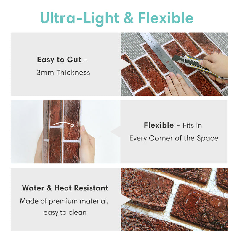 3D Rustic Deep Red Brick Peel and Stick Wall Tile