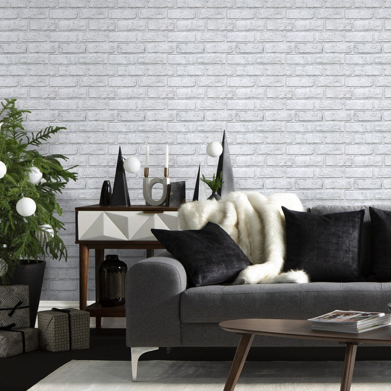 Azulejo de pared autoadhesivo de ladrillo blanco y gris 3D