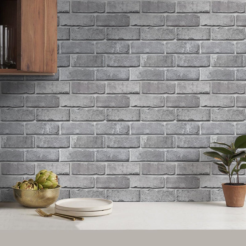 Azulejo de pared de imitación de ladrillo gris natural 3D con autoadhesivo