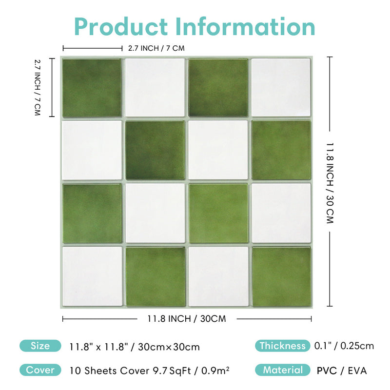 3D Green and White Square Peel and Stick Wall Tile