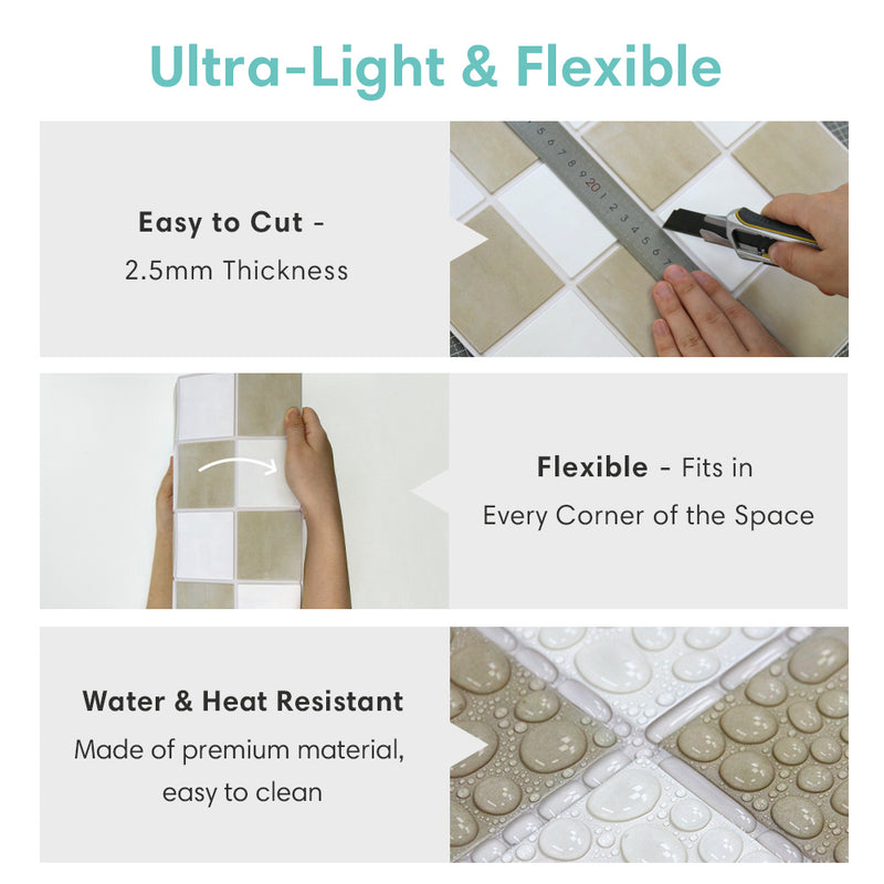3D Beige and White Square Peel and Stick Wall Tile