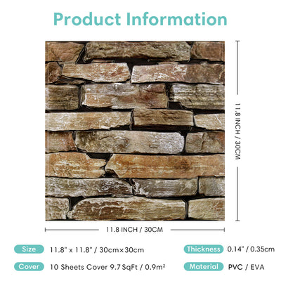 3D Brown Stacked Stone Peel and Stick Wall Tile