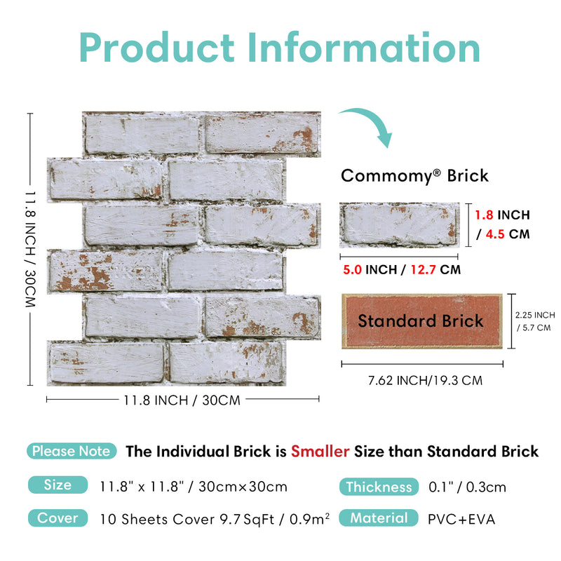 3D Weathered White Brick Peel and Stick Wall Tile