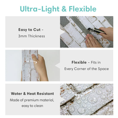 3D Weathered White Brick Peel and Stick Wall Tile