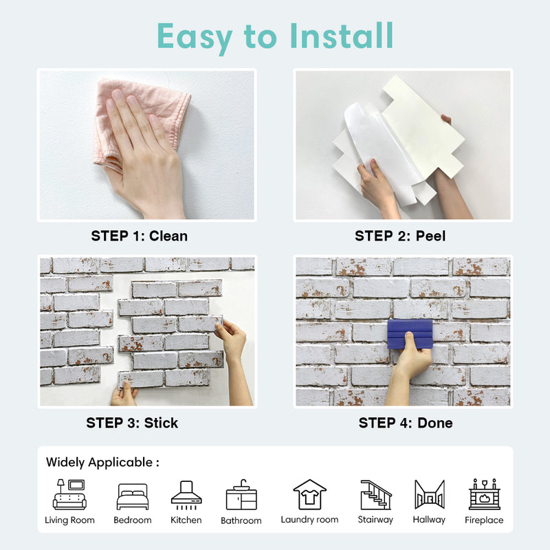 3D Weathered White Brick Peel and Stick Wall Tile