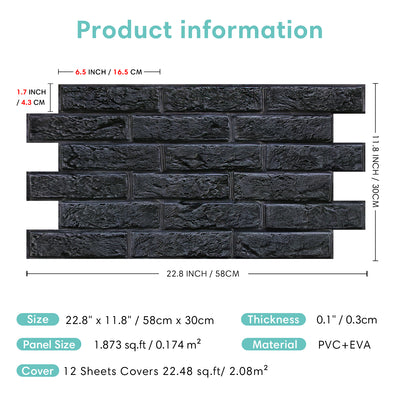 3D Black Brick Wall Panels Peel and Stick -Large Size