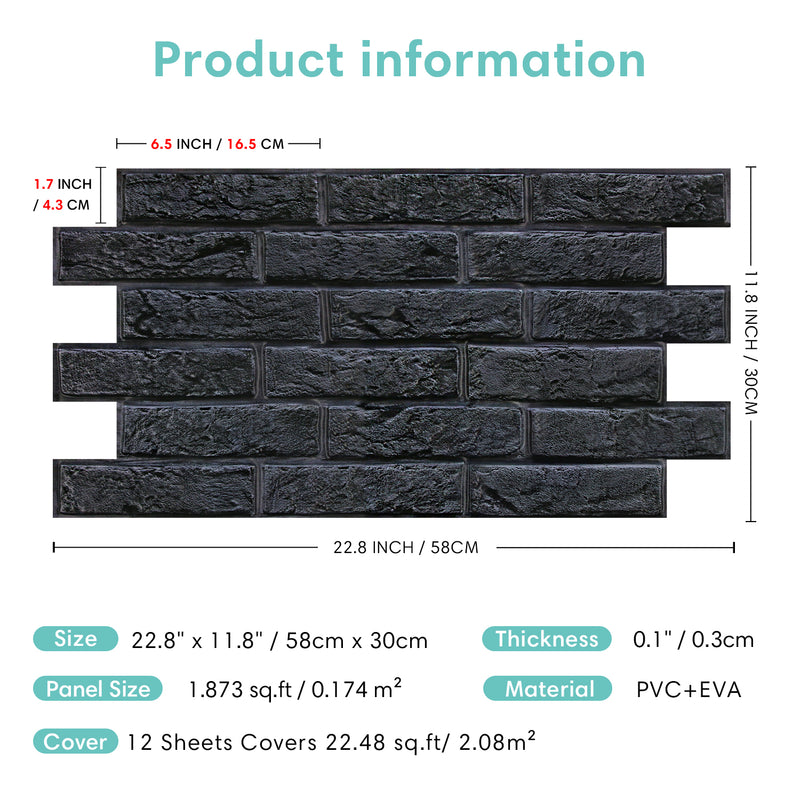 3D Black Brick Wall Panels Peel and Stick -Large Size