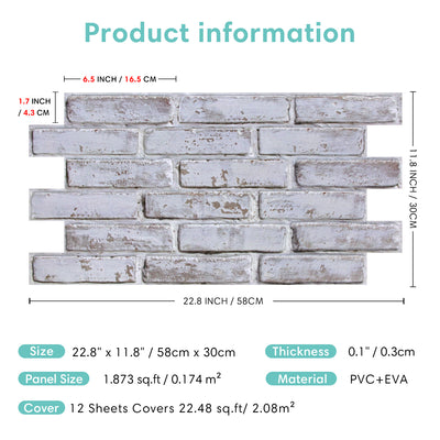 3D White and Gray Brick Wall Panels Peel and Stick -Large Size
