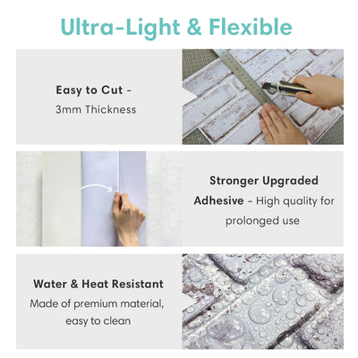 3D White and Gray Brick Wall Panels Peel and Stick -Large Size