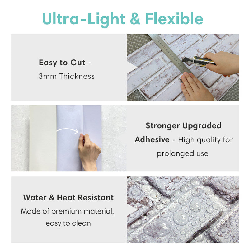3D White and Gray Brick Wall Panels Peel and Stick -Large Size