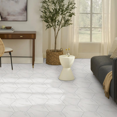 White Marble Hexagon Peel and Stick Vinyl Floor Tile Sticker