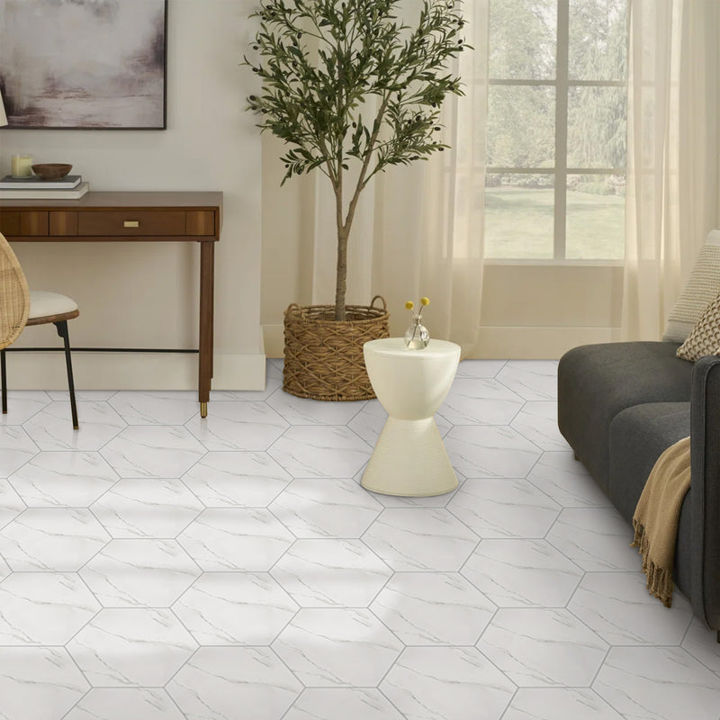 White Marble Hexagon Peel and Stick Vinyl Floor Tile Sticker