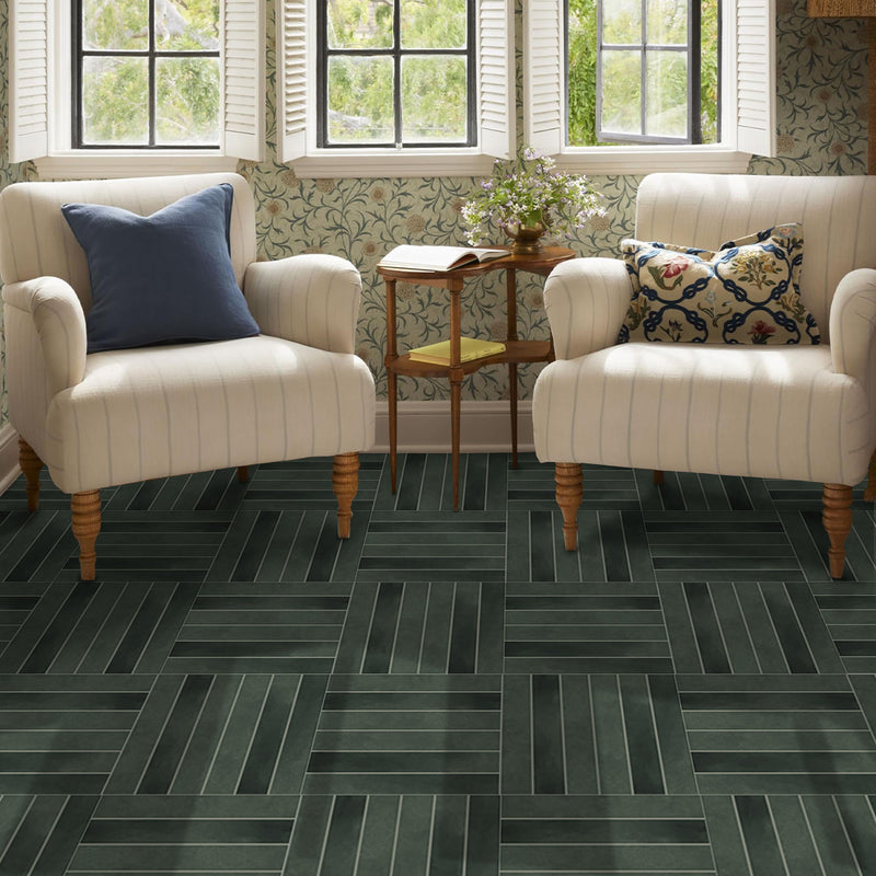 Dark Green Linear Square Peel and Stick Vinyl Floor Tile Sticker