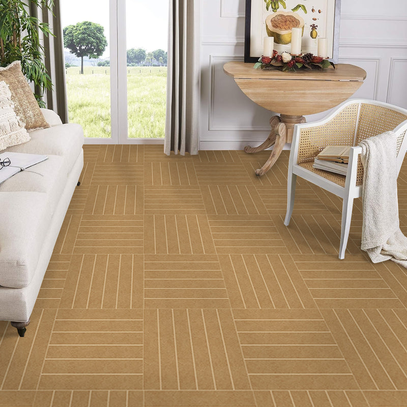 Brown Yellowish Linear Square Peel and Stick Vinyl Floor Tile Sticker