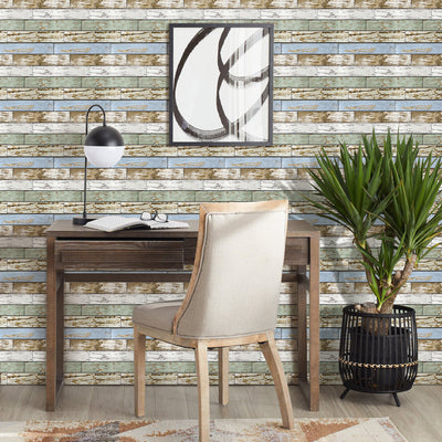 3D Blue Green Horizontal Wooden Plank Peel and Stick Wall Tile