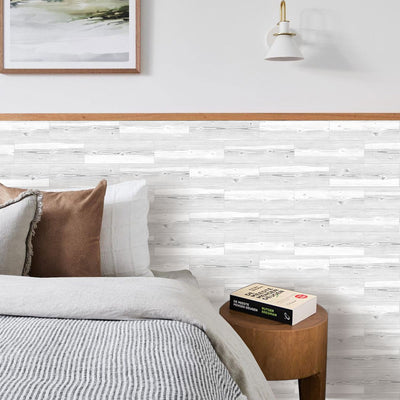 Pegatinas para azulejos despegables y adheribles con vetas de madera en blanco y gris